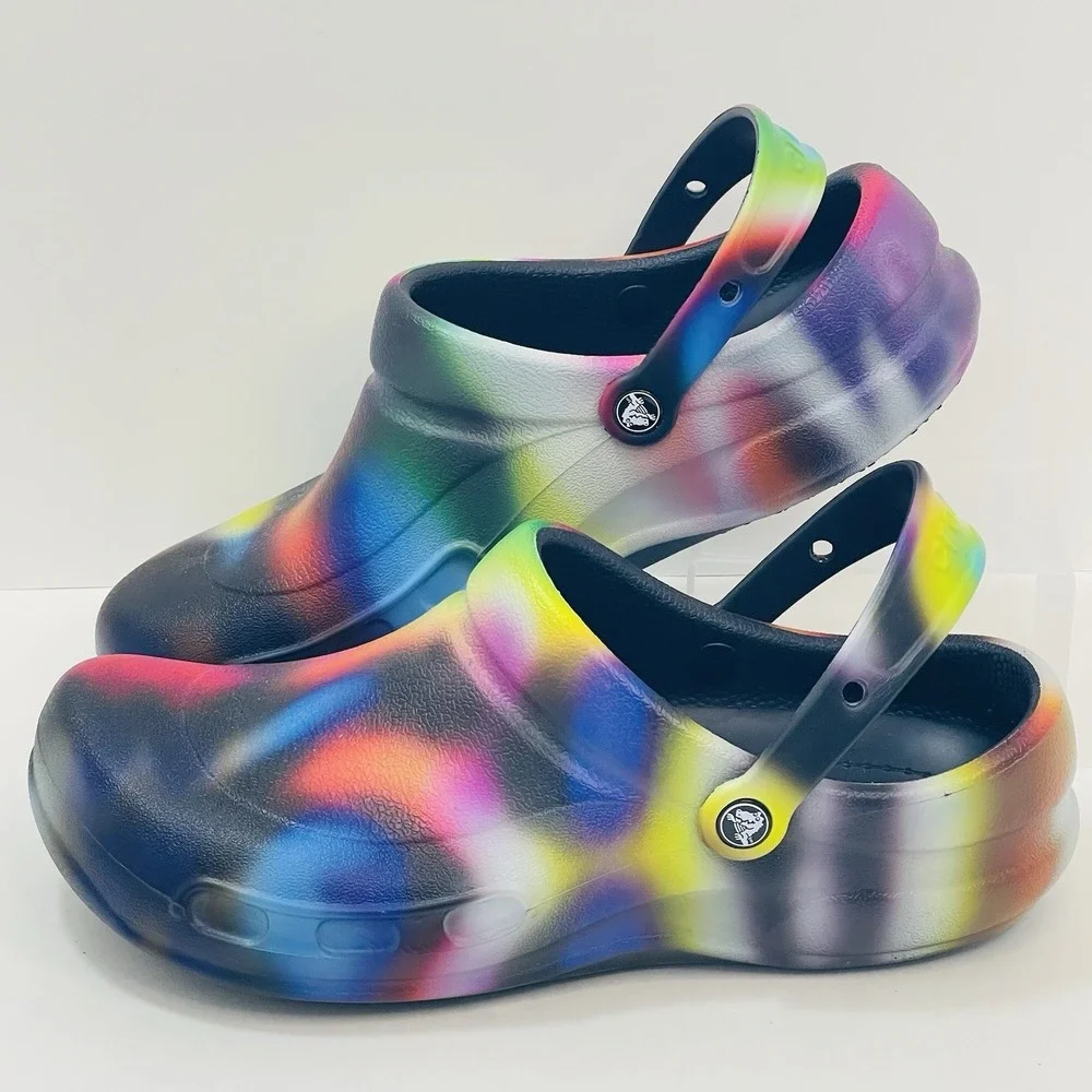 Crocs‎ Clogs Men 12 Tie Dye Bistro Multi Color Graphic Slip Resistant Work EUC